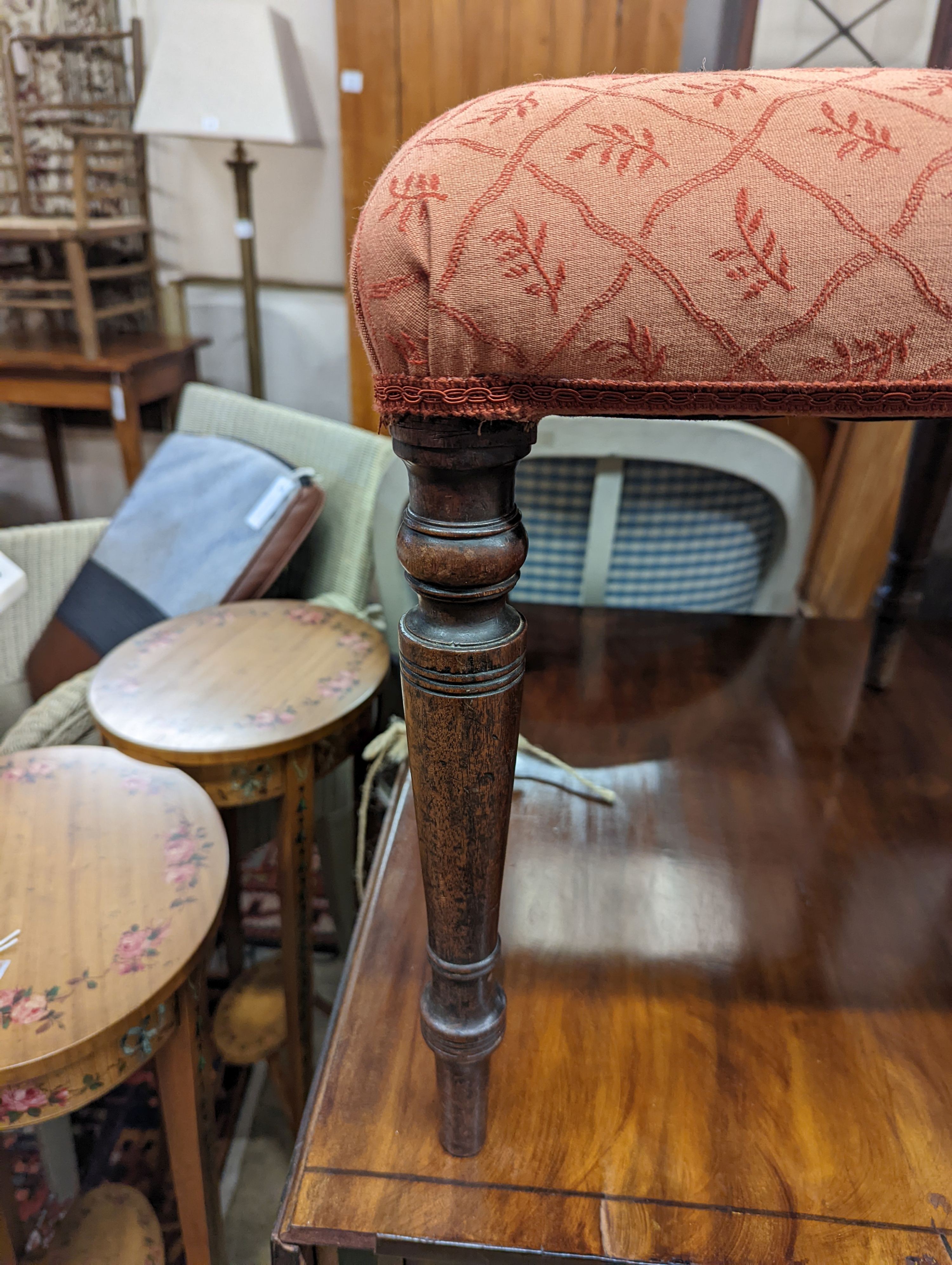 A pair of Regency rectanuglar mahogany upholstered dressing stools, length 50cm, depth 42cm, height 44cm